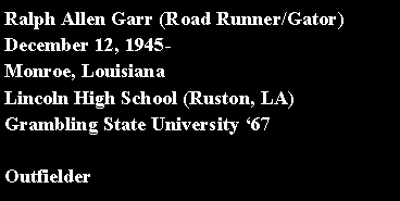Text Box: Ralph Allen Garr (Road Runner/Gator)December 12, 1945-Monroe, Louisiana   	Lincoln High School (Ruston, LA) Grambling State University 67Outfielder