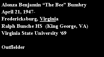 Text Box: Alonza Benjamin “The Bee” Bumbry April 21, 1947-Fredericksburg, Virginia   Ralph Bunche HS  (King George, VA)Virginia State University ‘69 Outfielder