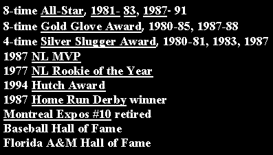Text Box: 8-time All-Star, 1981- 83, 1987- 918-time Gold Glove Award, 1980-85, 1987-884-time Silver Slugger Award, 1980-81, 1983, 19871987 NL MVP1977 NL Rookie of the Year1994 Hutch Award1987 Home Run Derby winnerMontreal Expos #10 retiredBaseball Hall of FameFlorida A&M Hall of Fame